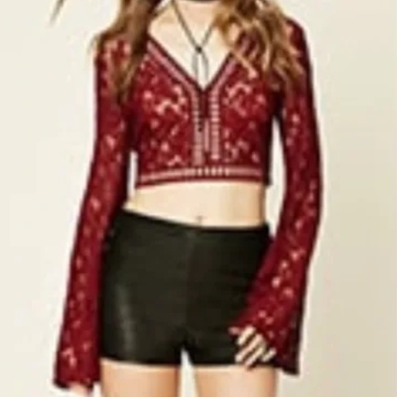 Burgundy Lace Crop Top with Bell Sleeves - Picture 2 of 5